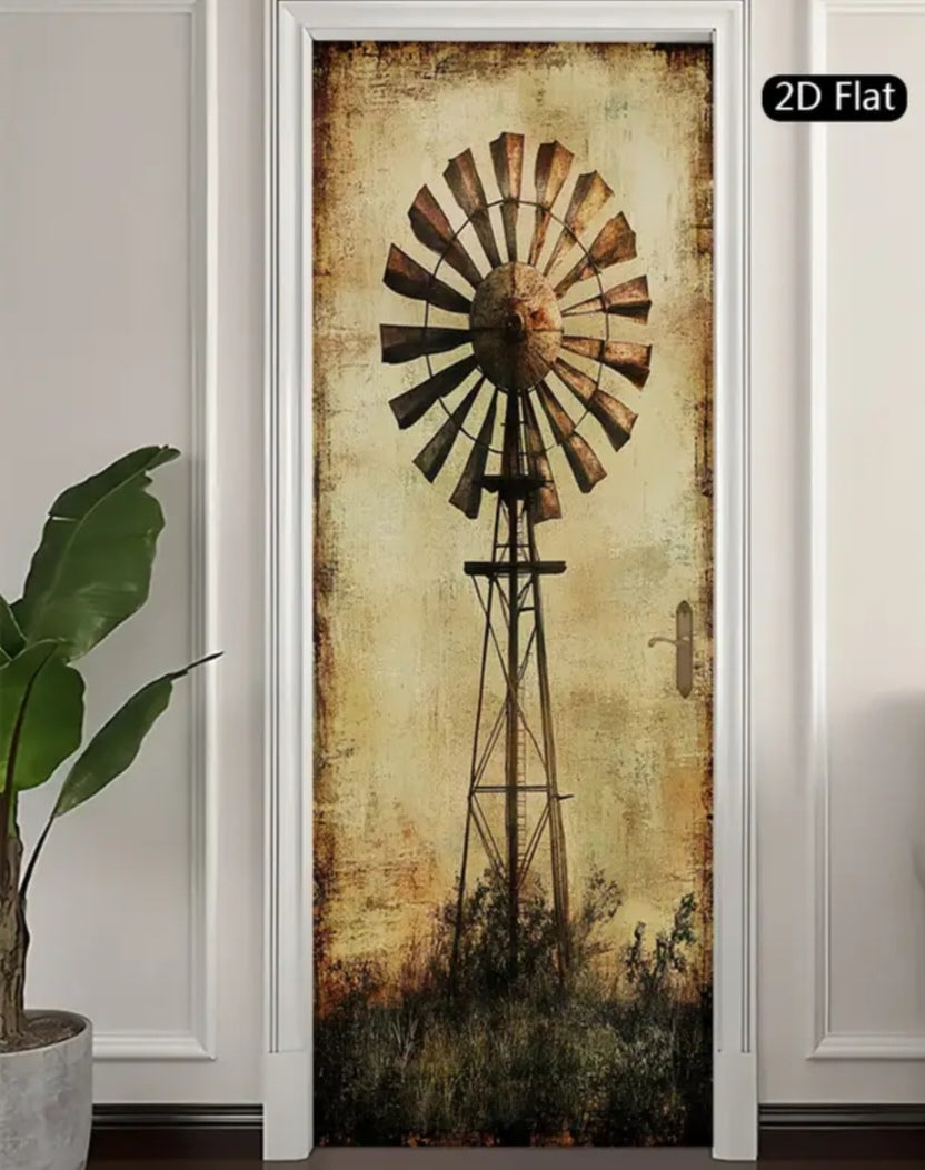 Retro Windmill Door Wrap Wall Decal – Rustic Farmhouse Landscape Peel & Stick PVC Mural (77x200 cm)