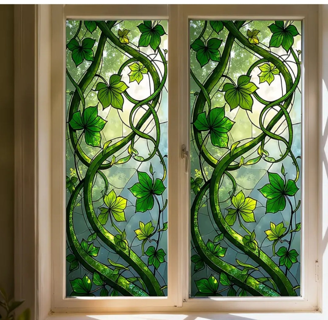 Botanical Window Static Cling – Green Leaf Frosted Privacy Film (45 × 100 cm) | Removable Decorative Glass Sticker