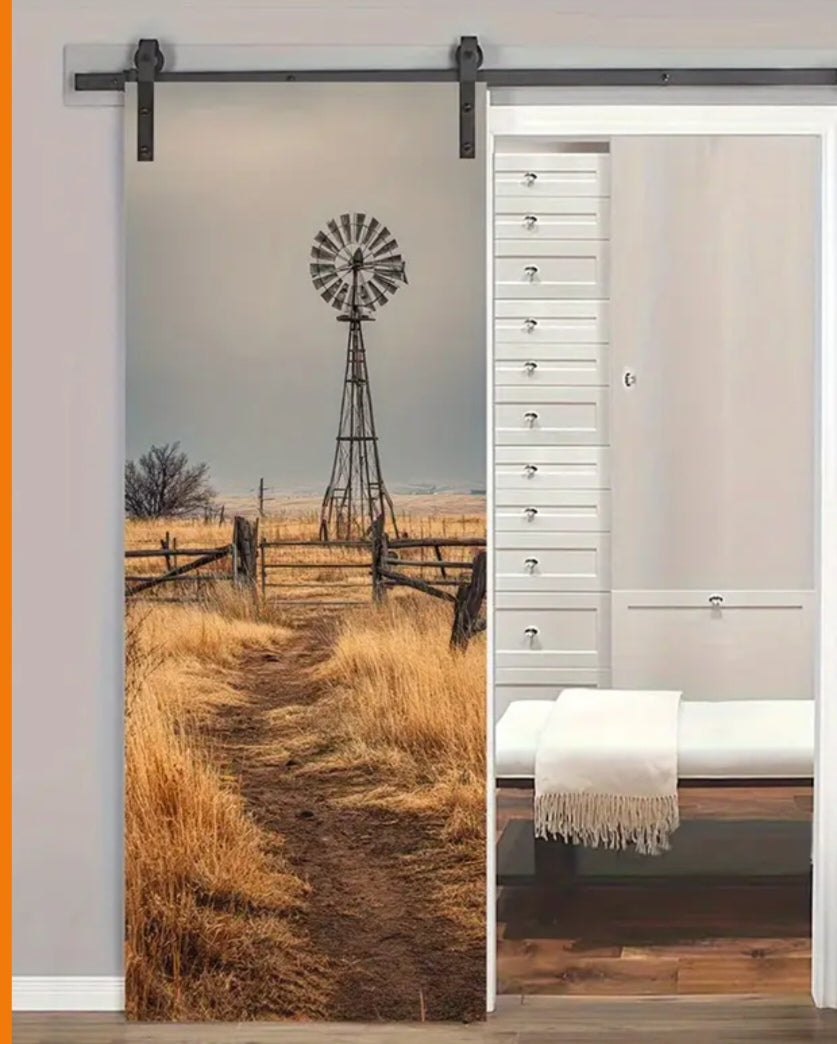 Retro Windmill Door Wrap Wall Decal – Rustic Farmhouse Landscape Peel & Stick PVC Mural (77x200 cm)