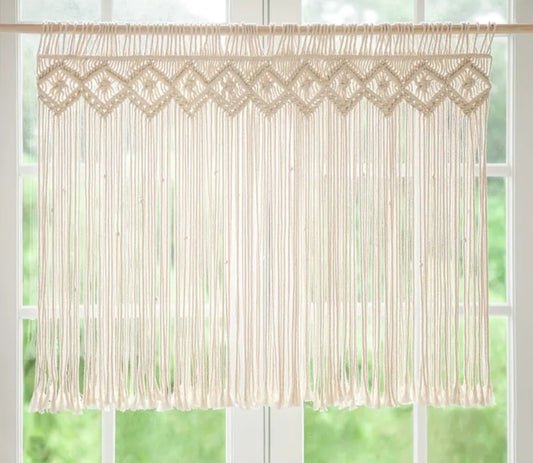 Macrame Valance Curtain Ivory – Bohemian Handwoven Tassel Window or Wall Hanging (95x70cm)