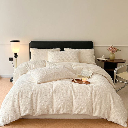 Rabbit Fur Heart Embossed Comforter Set – Ultra Soft Plush Faux Fur 5-Piece Winter Bedding Set (Queen)