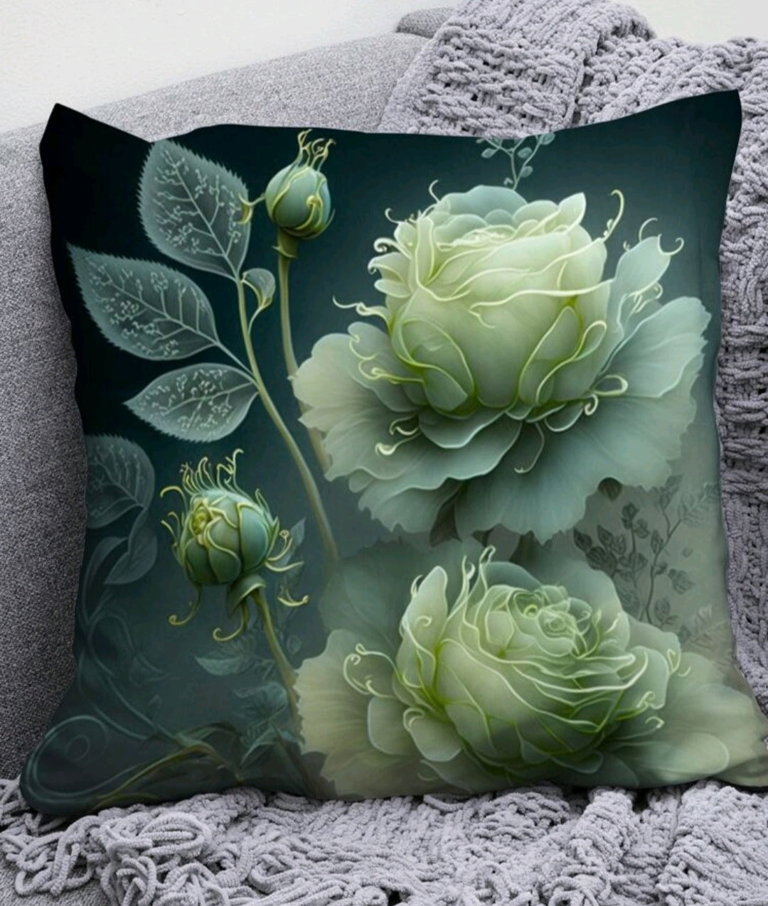 Ethereal Green Rose Floral Cushion Cover – 50×50cm Decorative Pillow Case