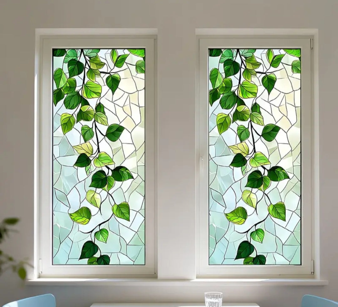 Botanical Window Static Cling – Green Leaf Frosted Privacy Film (45 × 100 cm) | Removable Decorative Glass Sticker