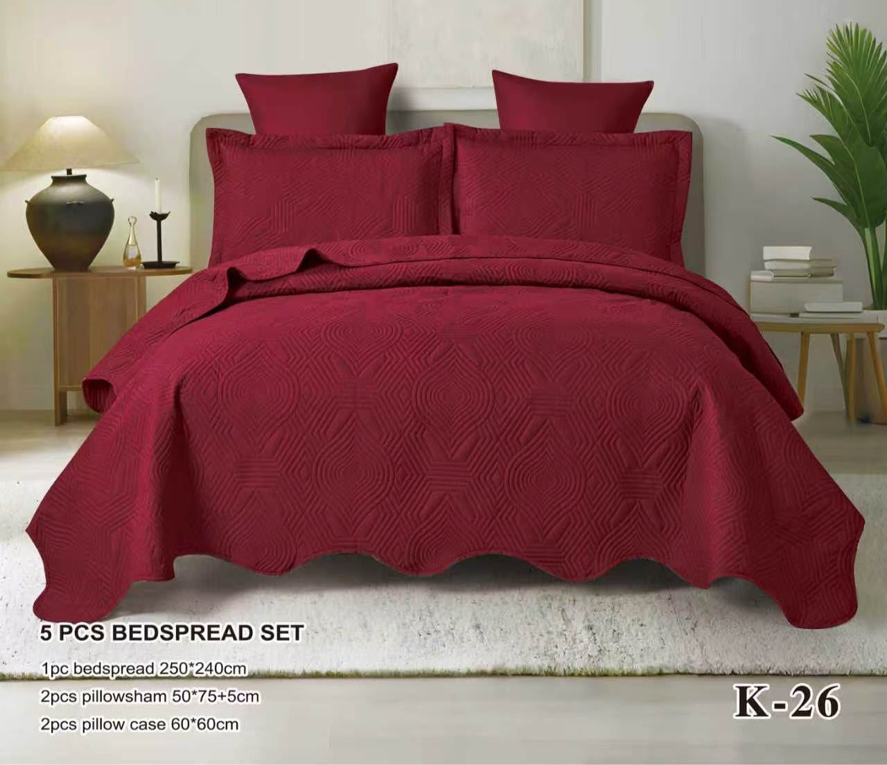 5 Piece Embossed Bedspread Set | Luxury Geometric Quilt Set with Pillow Shams & Cushion Covers