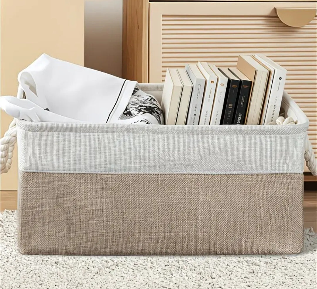 Foldable Linen Storage Basket with Rope Handles | Beige Fabric Organiser Basket | 34 x 23 x 17cm