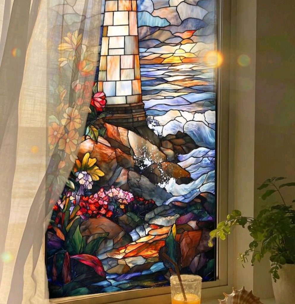 Ocean Stained Glass Window Privacy Film – Coastal Beach, Waves, Lighthouse & Sea Life Decorative Static Cling – 45x100cm