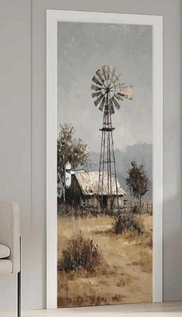 Retro Windmill Door Wrap Wall Decal – Rustic Farmhouse Landscape Peel & Stick PVC Mural (77x200 cm)