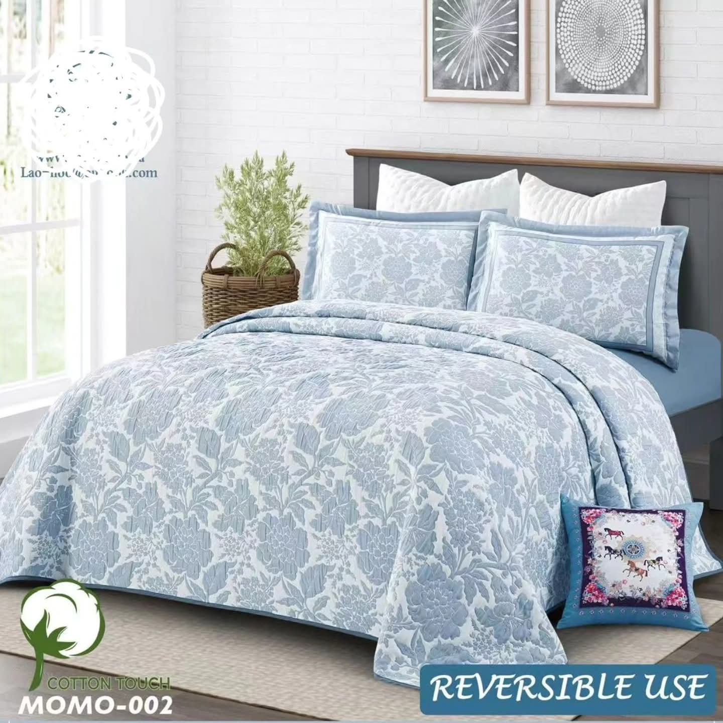 Super King Size 3-Piece Reversible Quilt Set – Grey Floral Bedspread with Pillowcases  (250x230cm)