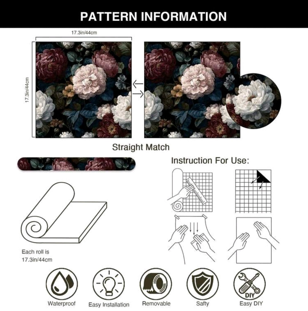 Dark Peony Floral Self-Adhesive Wallpaper | Vintage Luxury Black Floral Wall Covering