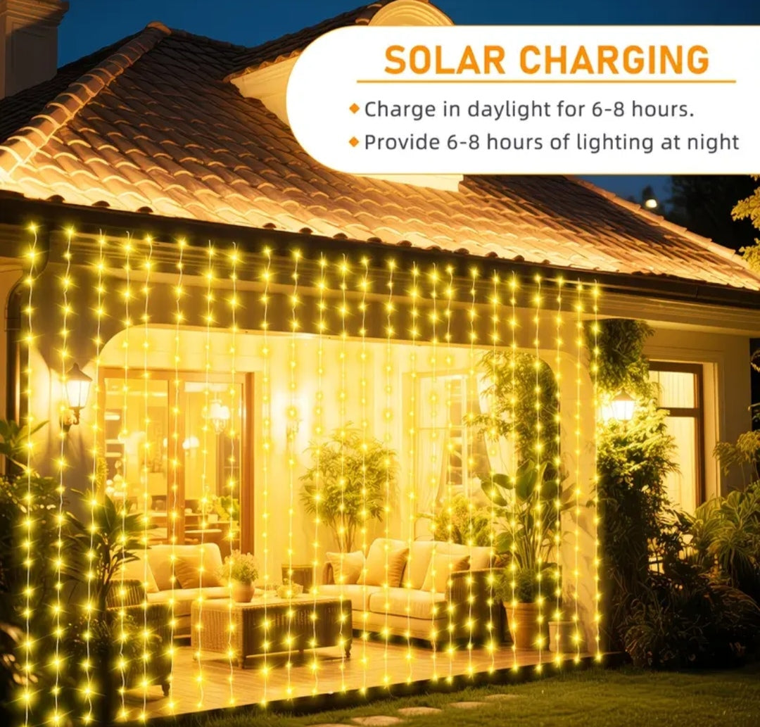 Solar Curtain String Lights Outdoor – LED Waterproof Fairy Lights with 12 Modes for Garden, Patio, Balcony & Events