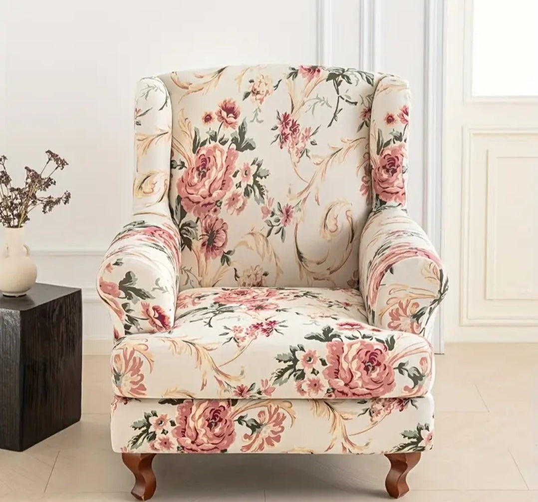Floral Wingback Armchair Cover – Stretch Slipcover for High Back Chairs (95–110cm)