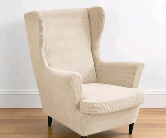 Last One Available – Cream Wingback Chair Cover | Stretch Corn Fleece 2-Piece Full Coverage