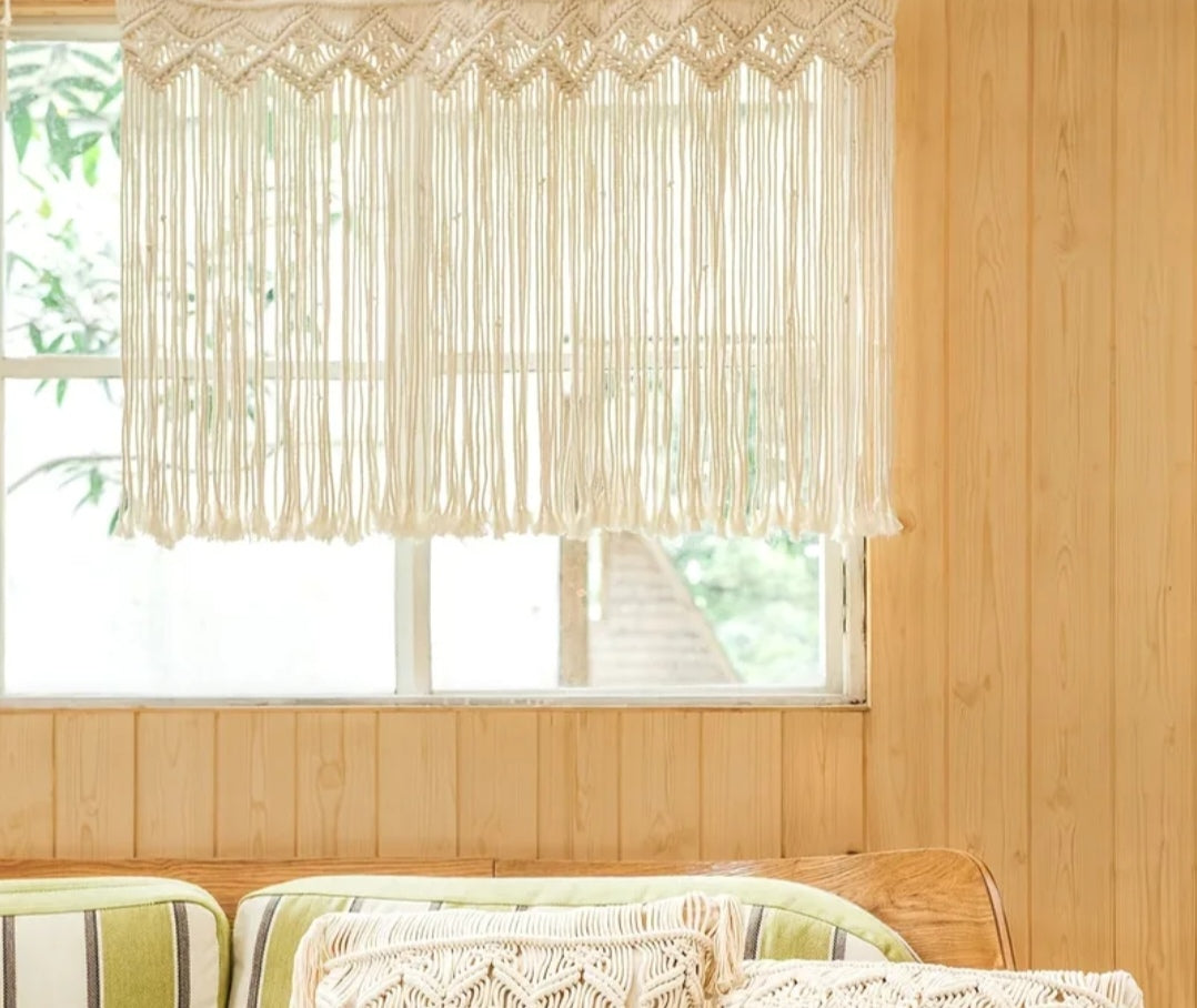 Macrame Valance Curtain Ivory – Bohemian Handwoven Tassel Window or Wall Hanging (95x70cm)