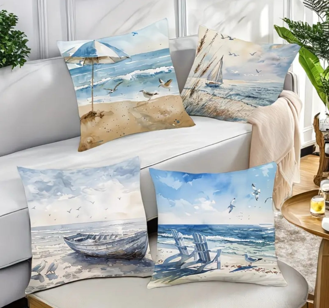 Coastal & Nautical Cushion Covers Set of 4 – Beach, Ocean, Sailboat & Maritime Designs 45x45cm each
