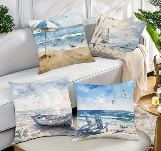 Coastal & Nautical Cushion Covers Set of 4 – Beach, Ocean, Sailboat & Maritime Designs 45x45cm each