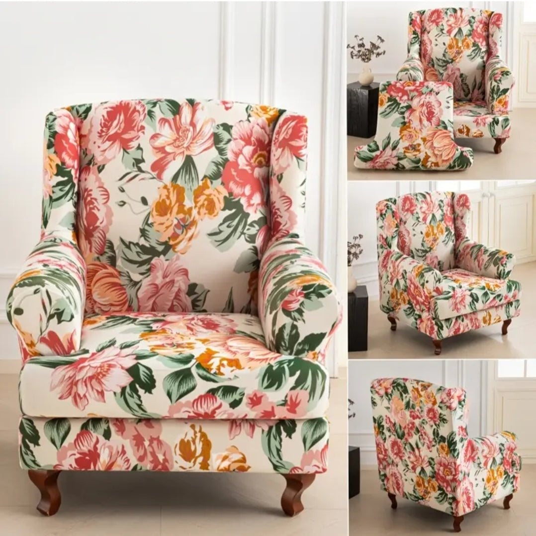 Floral Wingback Armchair Cover – Stretch Slipcover for High Back Chairs (95–110cm)