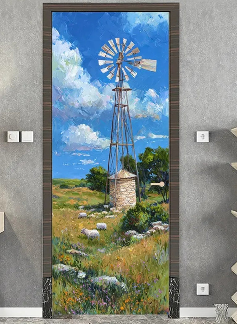 Retro Windmill Door Wrap Wall Decal – Rustic Farmhouse Landscape Peel & Stick PVC Mural (77x200 cm)