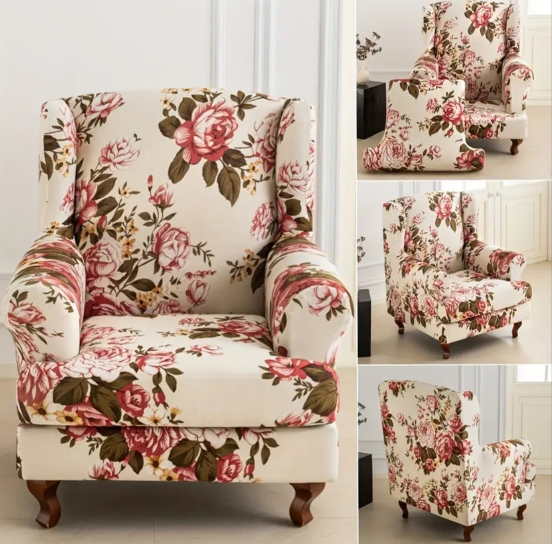 Floral Wingback Armchair Cover – Stretch Slipcover for High Back Chairs (95–110cm)