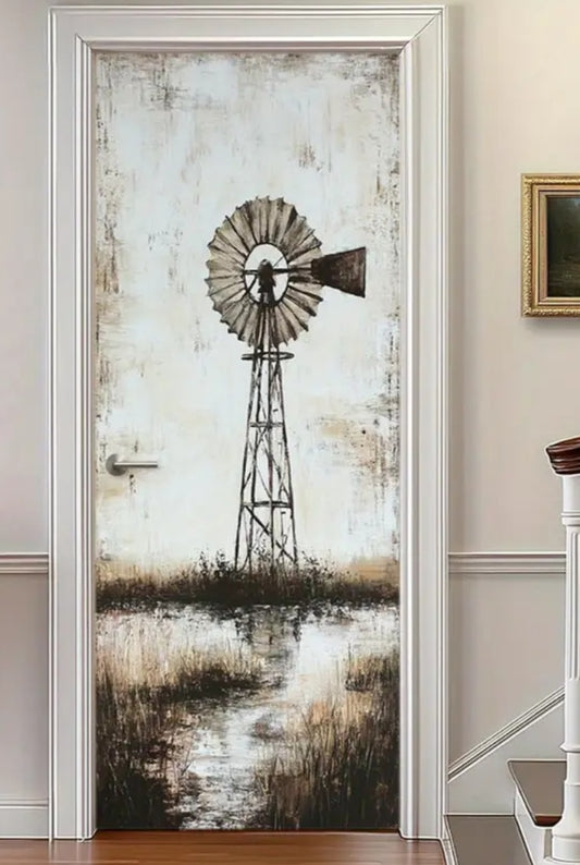 Retro Windmill Door Wrap Wall Decal – Rustic Farmhouse Landscape Peel & Stick PVC Mural (77x200 cm)
