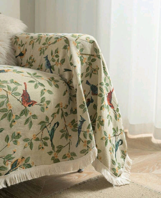 Vintage Farmhouse Jacquard Sofa Cover – Bird & Leaf Pattern, Thick Pet-Friendly Couch Protector