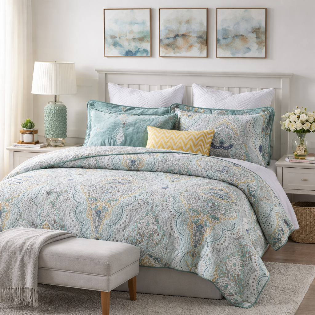Aqua Paisley 90% Cotton Quilted Comforter Set