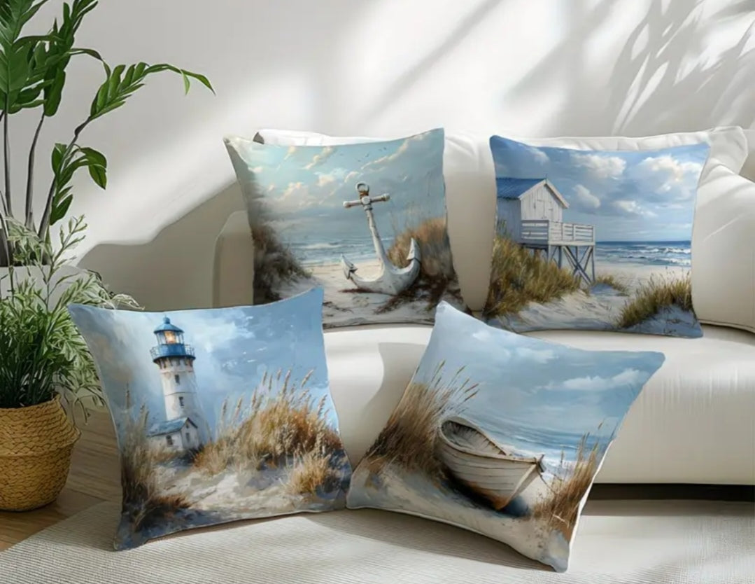 Coastal & Nautical Cushion Covers Set of 4 – Beach, Ocean, Sailboat & Maritime Designs 45x45cm each