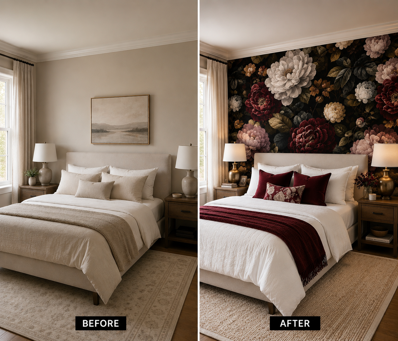 Dark Peony Floral Self-Adhesive Wallpaper | Vintage Luxury Black Floral Wall Covering