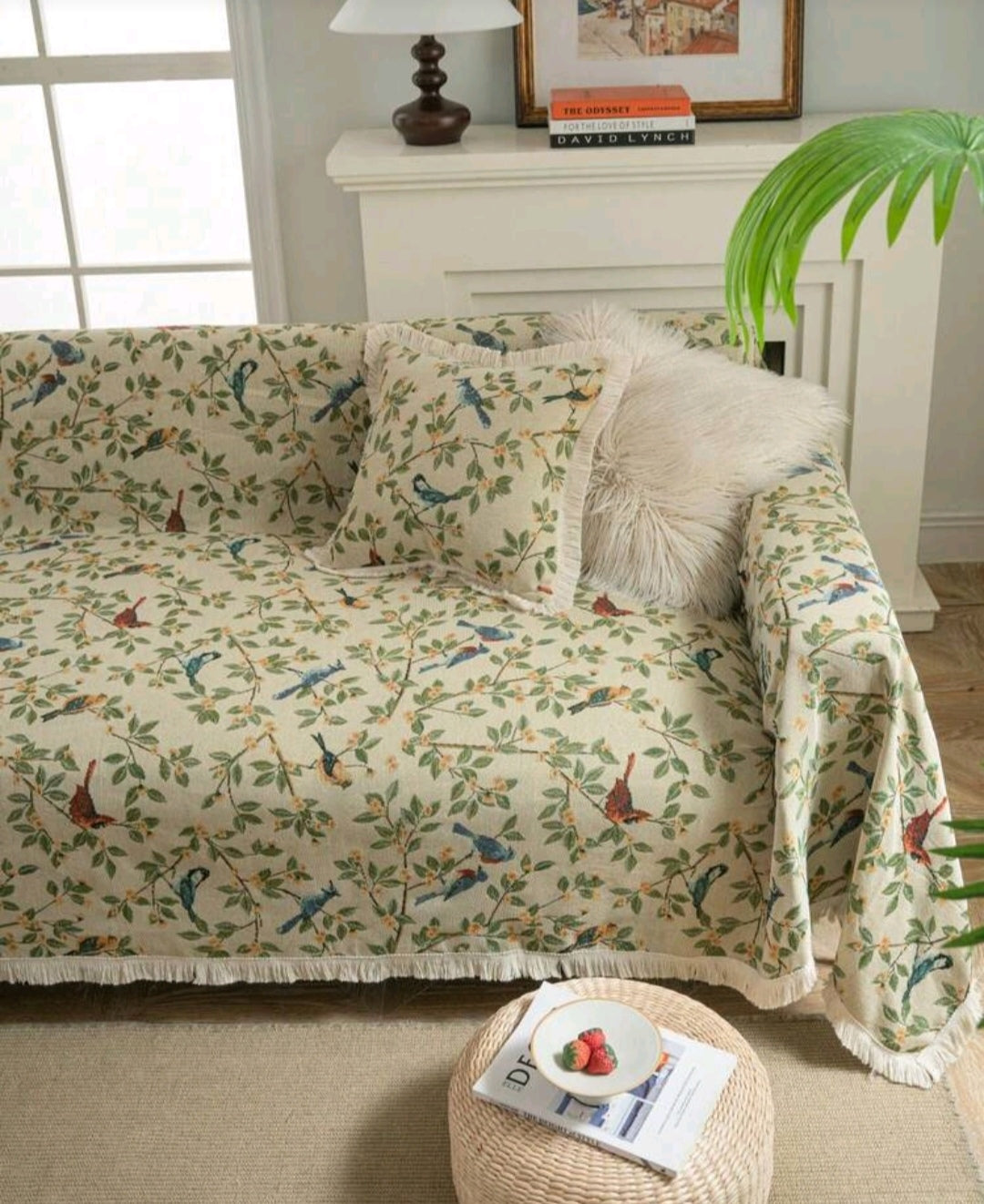 Vintage Farmhouse Jacquard Sofa Cover – Bird & Leaf Pattern, Thick Pet-Friendly Couch Protector