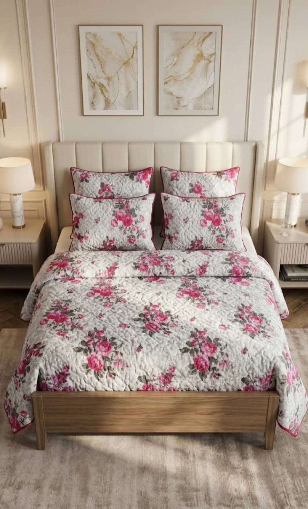 Luxury 5-Piece Cotton Bedspread Set with Floral Print – King Size Bedding Set with Pillowcases