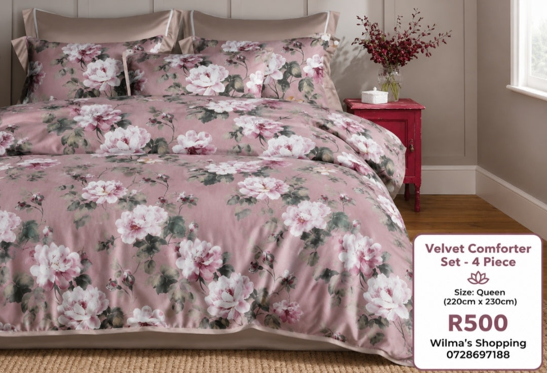 Velvet Floral Comforter Set – 4 Piece Queen Bedding Set (220cm x 230cm)