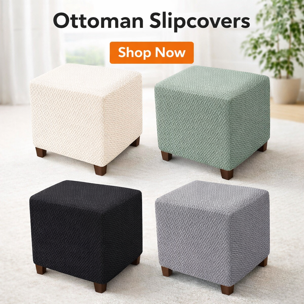Square Ottoman Slipcover – Stretch Jacquard Ottoman Cover