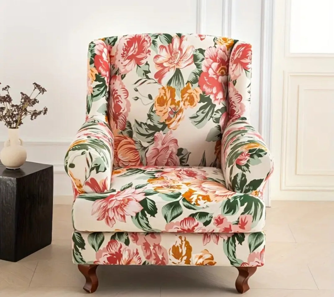 Floral Wingback Armchair Cover – Stretch Slipcover for High Back Chairs (95–110cm)
