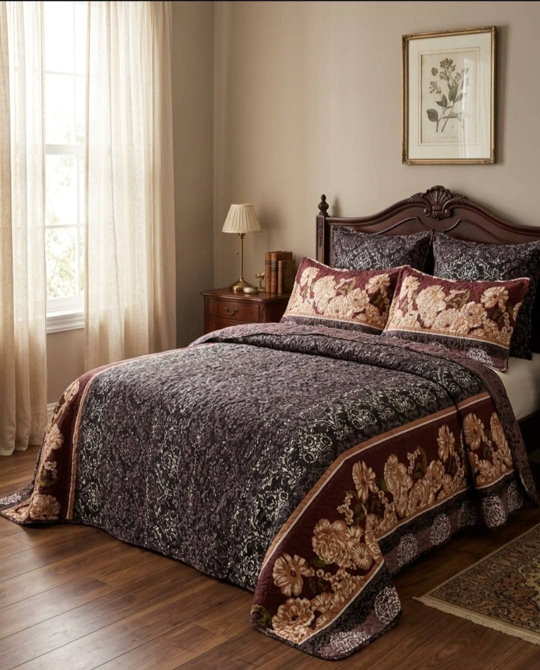 Luxury 5-Piece Cotton Bedspread Set with Floral Print – King Size Bedding Set with Pillowcases