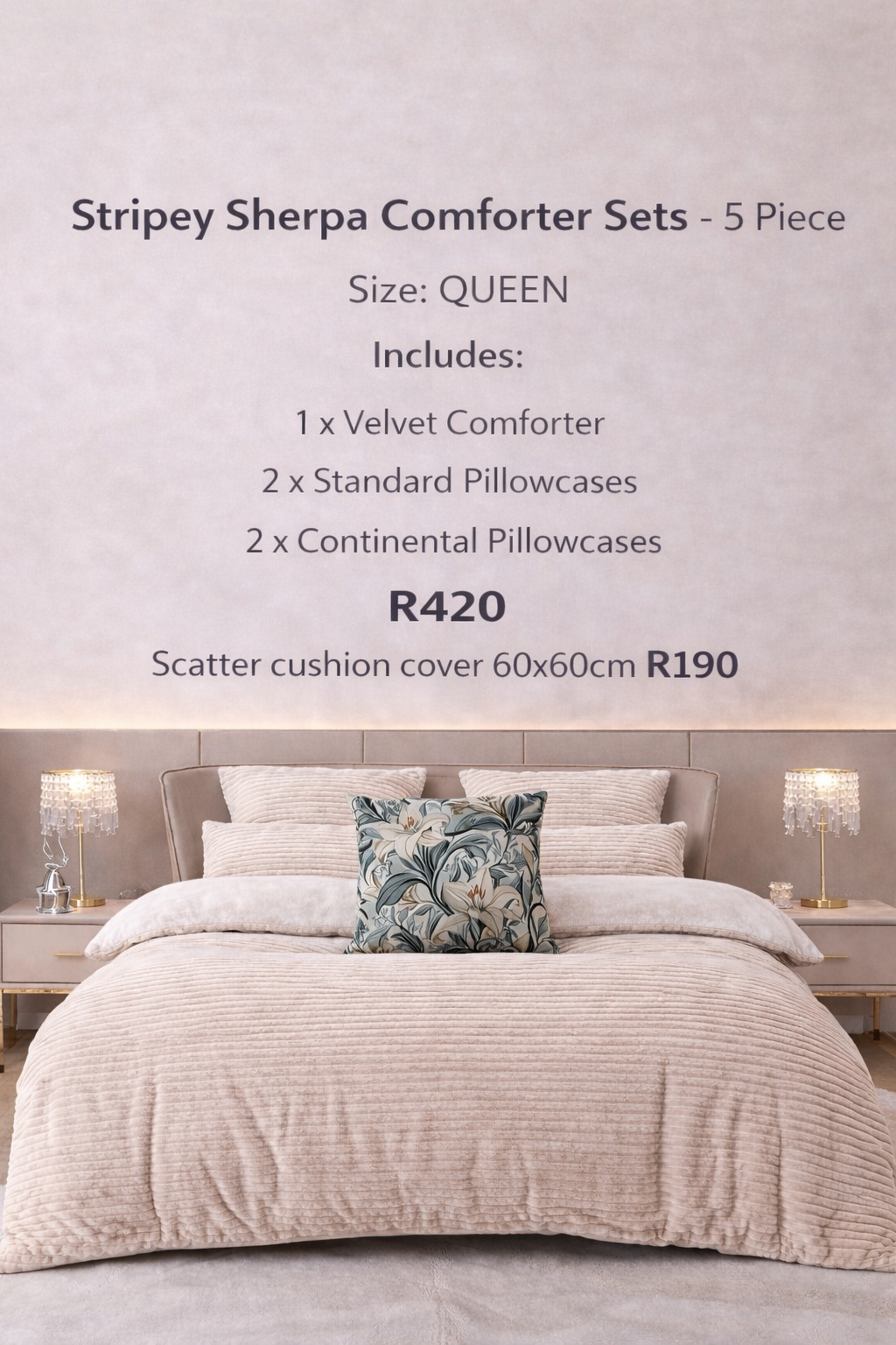 Stripey Sherpa Comforter Set – 5 Piece (Queen Size)