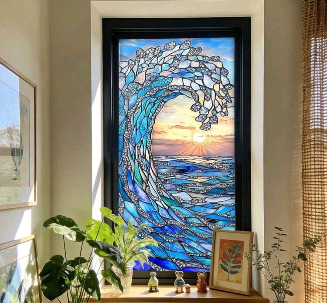 Ocean Stained Glass Window Privacy Film – Coastal Beach, Waves, Lighthouse & Sea Life Decorative Static Cling – 45x100cm