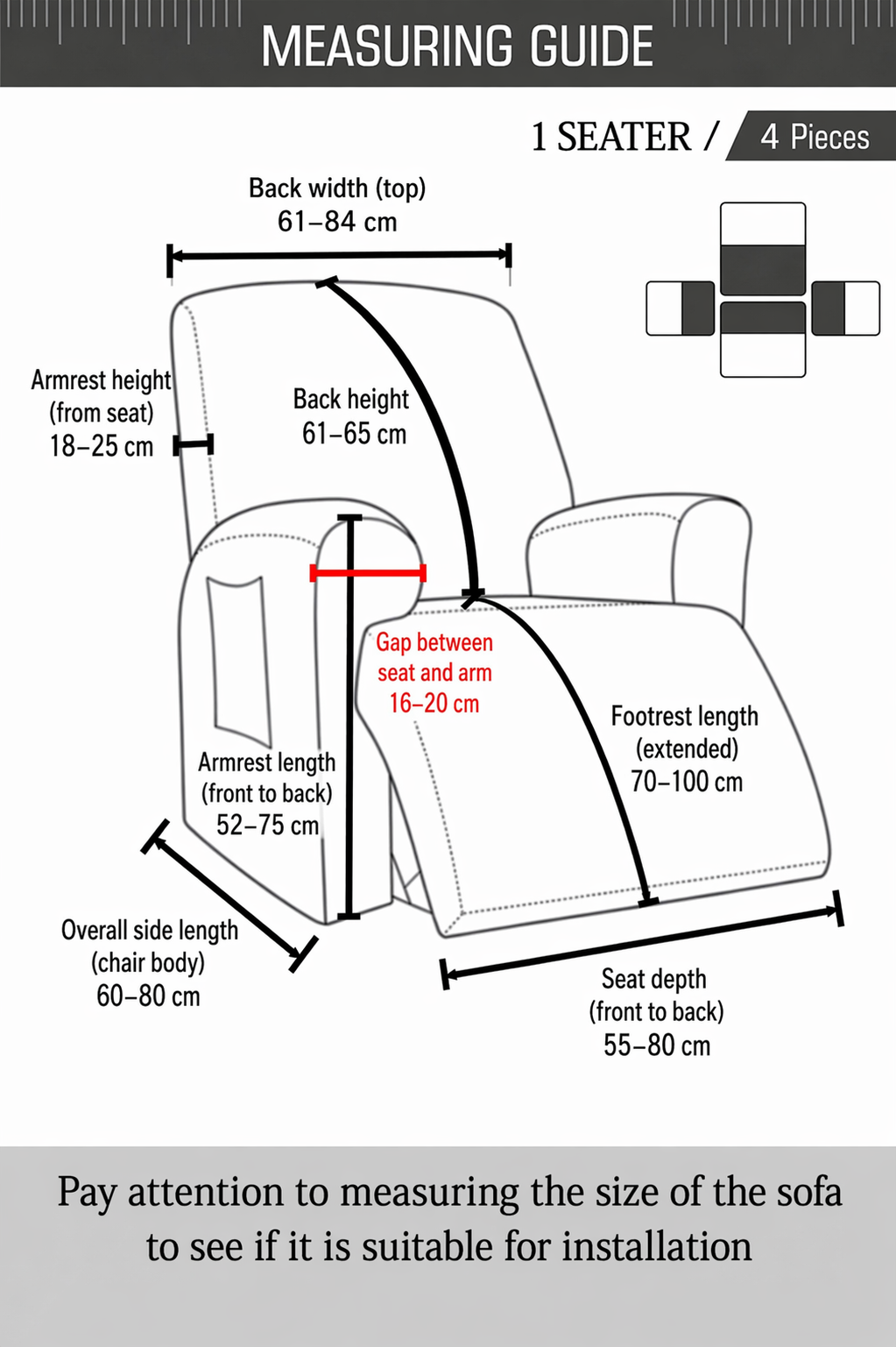 Water-Repellent Stretch Recliner Sofa Cover – Leather-Look Protective Slipcover for 1 Seater