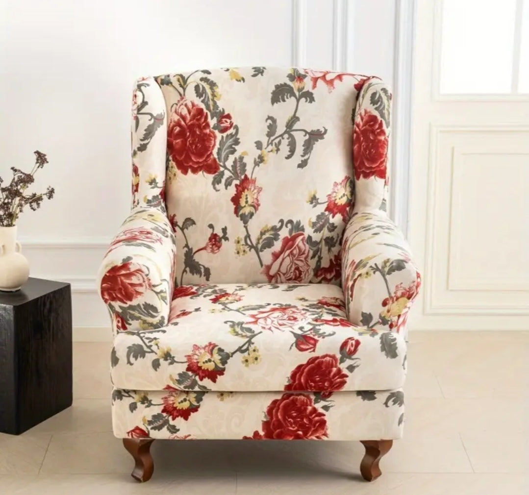 Floral Wingback Armchair Cover – Stretch Slipcover for High Back Chairs (95–110cm)