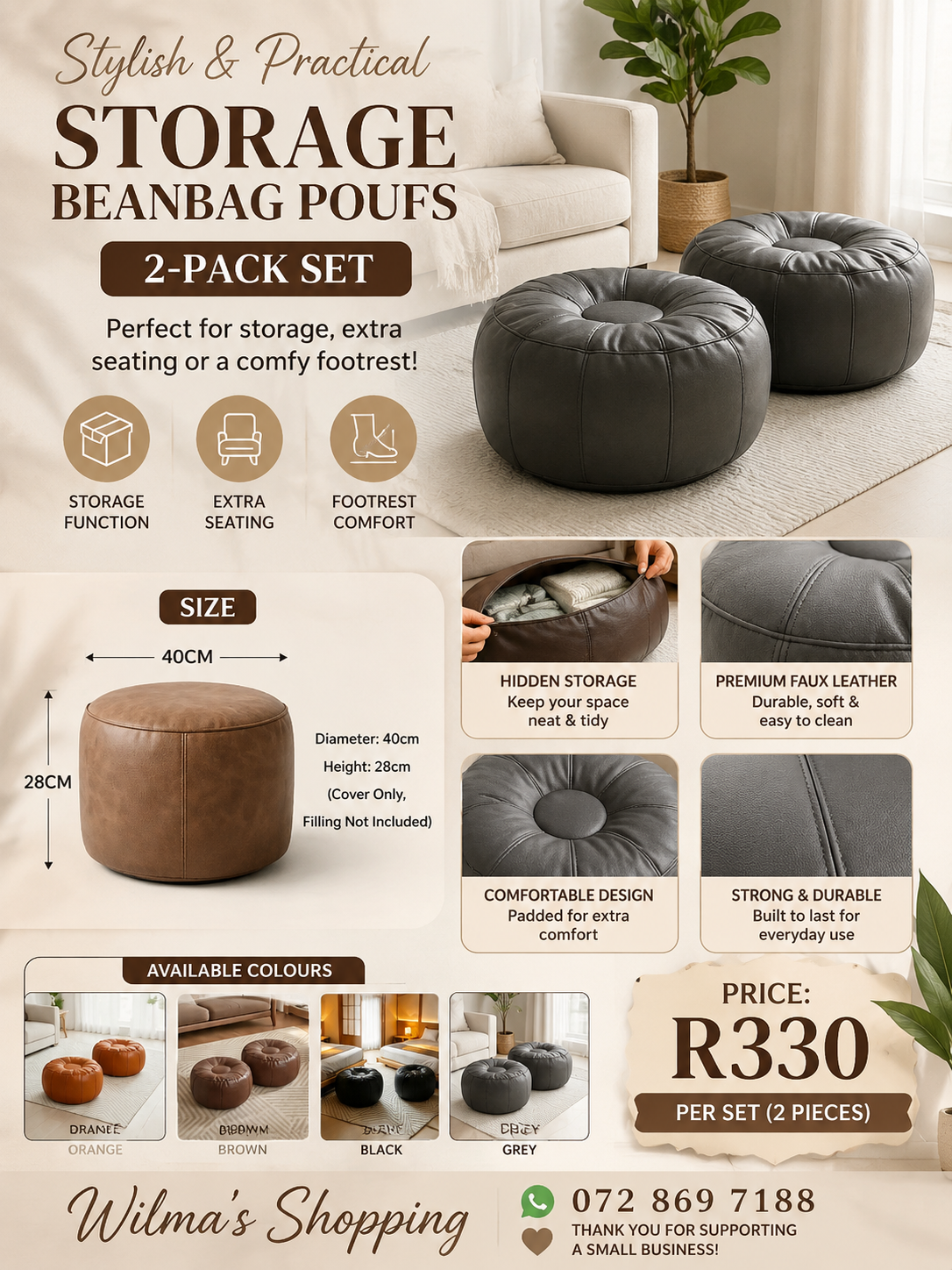 2-Piece Storage Pouf Ottoman Set – Faux Leather Beanbag Covers | Extra Seating & Hidden Storage
