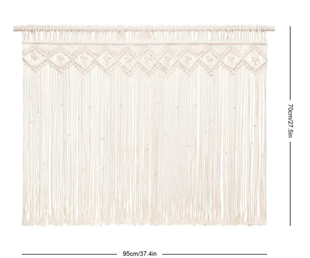 Macrame Valance Curtain Ivory – Bohemian Handwoven Tassel Window or Wall Hanging (95x70cm)