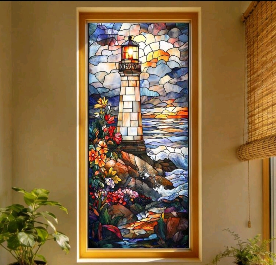 Ocean Stained Glass Window Privacy Film – Coastal Beach, Waves, Lighthouse & Sea Life Decorative Static Cling – 45x100cm