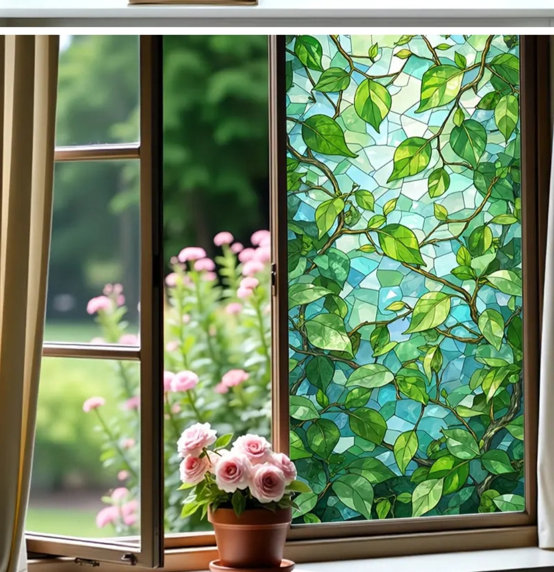 Botanical Window Static Cling – Green Leaf Frosted Privacy Film (45 × 100 cm) | Removable Decorative Glass Sticker