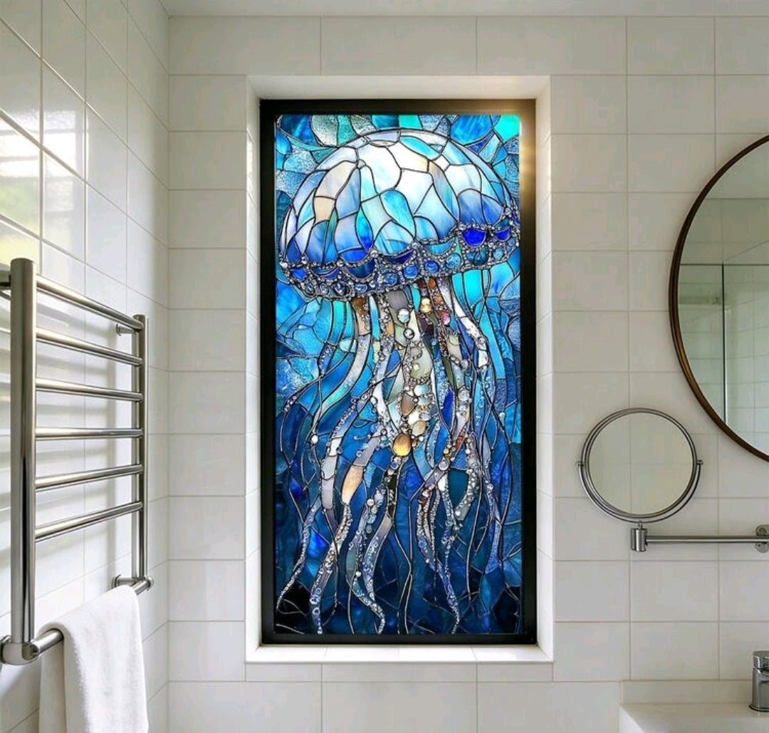 Ocean Stained Glass Window Privacy Film – Coastal Beach, Waves, Lighthouse & Sea Life Decorative Static Cling – 45x100cm