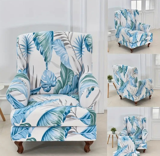 Stretch Wingback Chair Cover – Tropical Leaf Print, Universal Fit Slipcover, Machine Washable