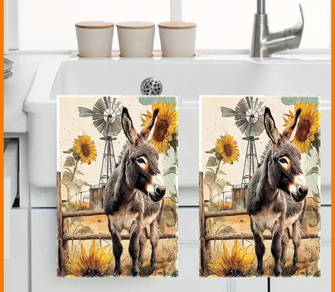 Donkey Sunflower Kitchen Towels Set of 2 | Farmhouse Dishcloths 40×60cm