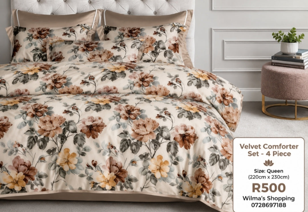 Velvet Floral Comforter Set – 4 Piece Queen Bedding Set (220cm x 230cm)