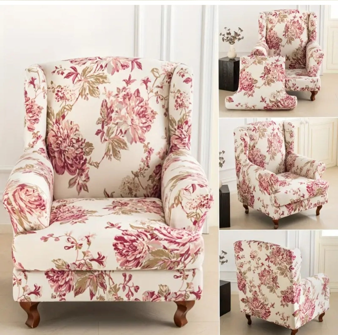 Floral Wingback Armchair Cover – Stretch Slipcover for High Back Chairs (95–110cm)