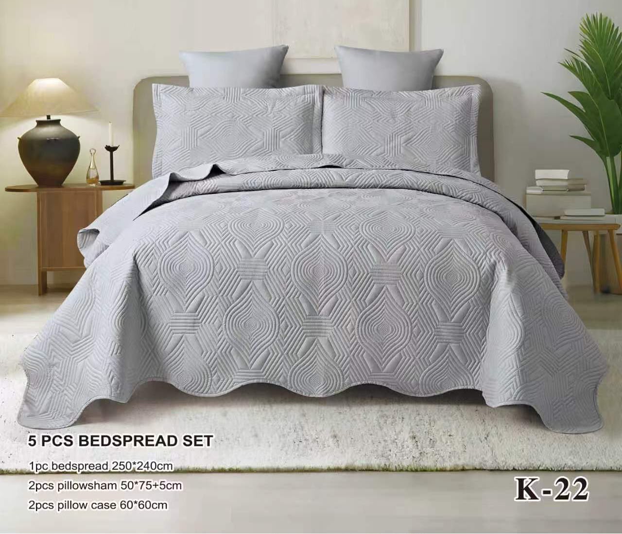 5 Piece Embossed Bedspread Set | Luxury Geometric Quilt Set with Pillow Shams & Cushion Covers