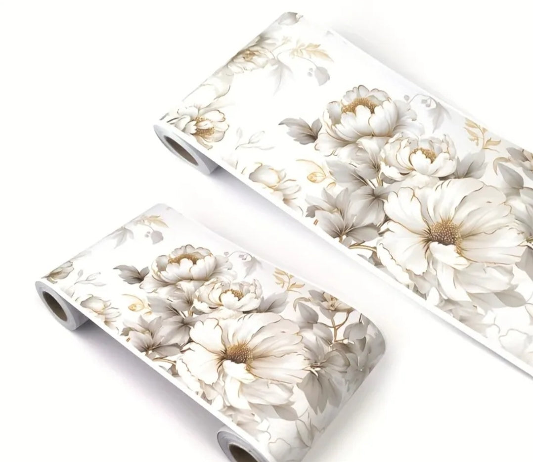 Peel and Stick Floral Wallpaper Border, Beige Flower Wall Decor Roll (12cm x 5m, Removable & Waterproof)