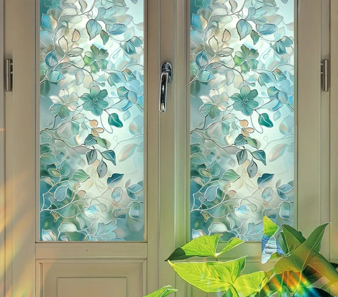 Botanical Window Static Cling – Green Leaf Frosted Privacy Film (45 × 100 cm) | Removable Decorative Glass Sticker