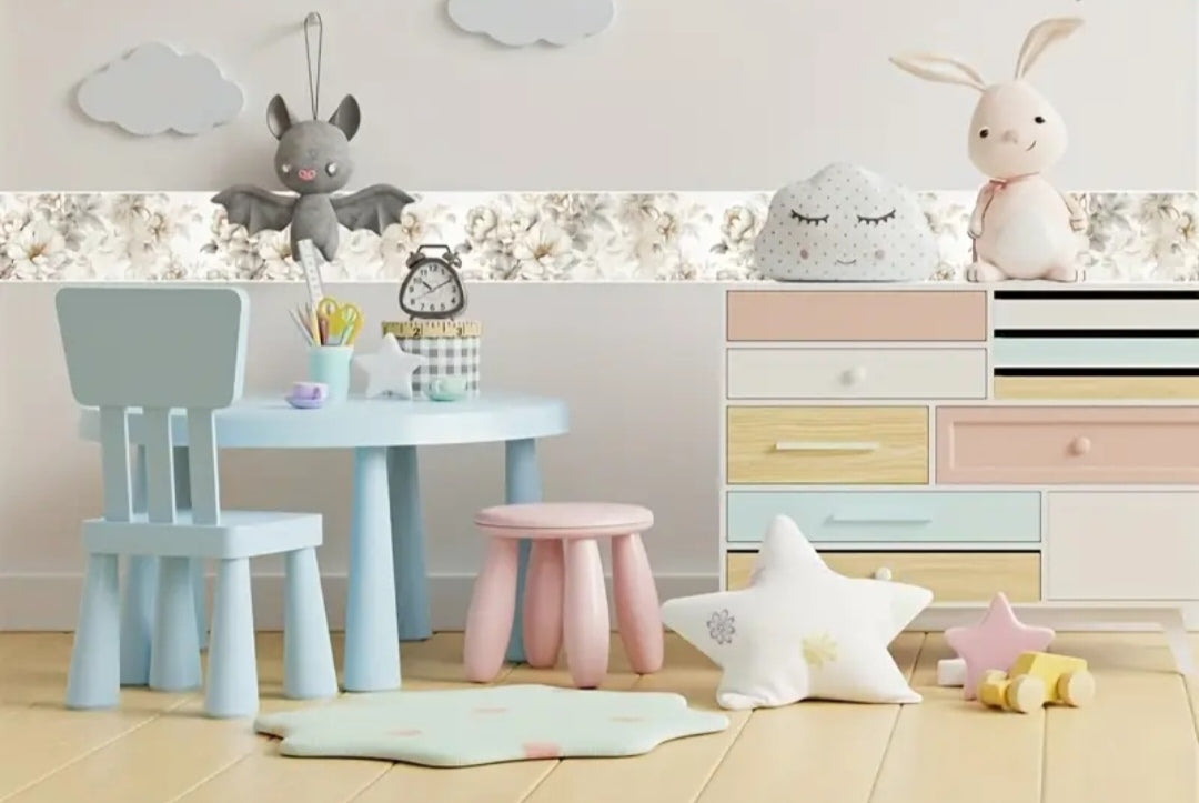 Peel and Stick Floral Wallpaper Border, Beige Flower Wall Decor Roll (12cm x 5m, Removable & Waterproof)